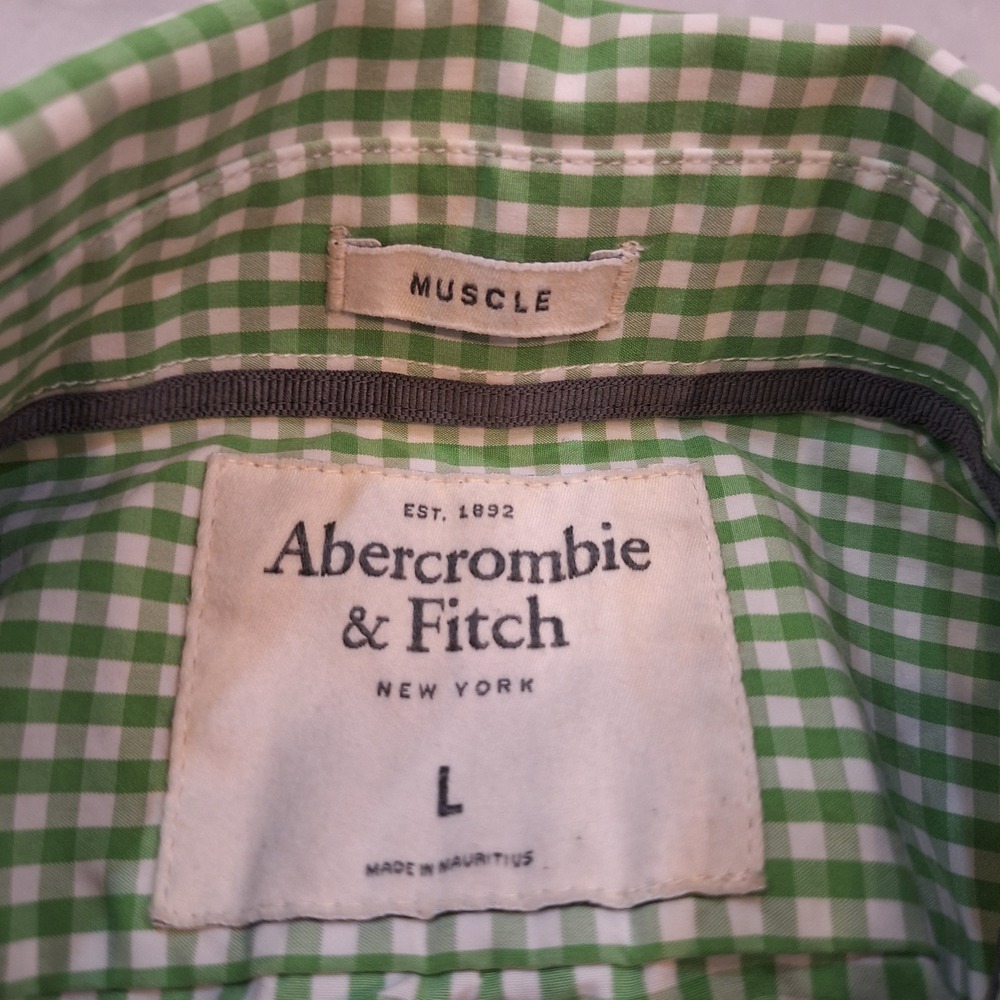 Abercrombie & Fitch Button Down Mens Lg Green Gingham Muscle Fit Long Slv Shirt